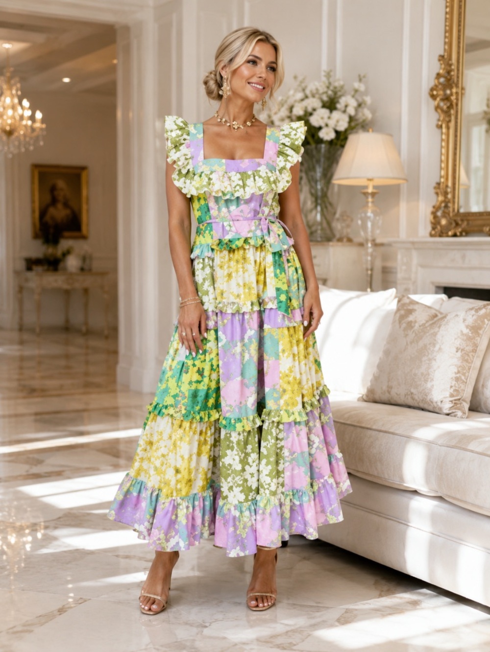 New Dalia Macphee Floral Patchwork Maxi Dress size S color Lime Multi - Picture 4 of 16